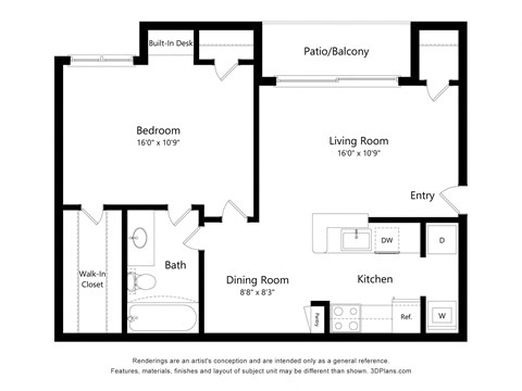 Floor plan for 1 bed, 1 bath, 761 sqft